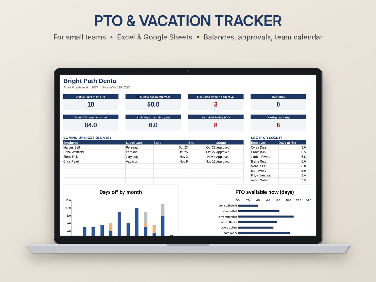 PTO Tracker for 30 Employees – Excel and Google Sheets Leave Calendar