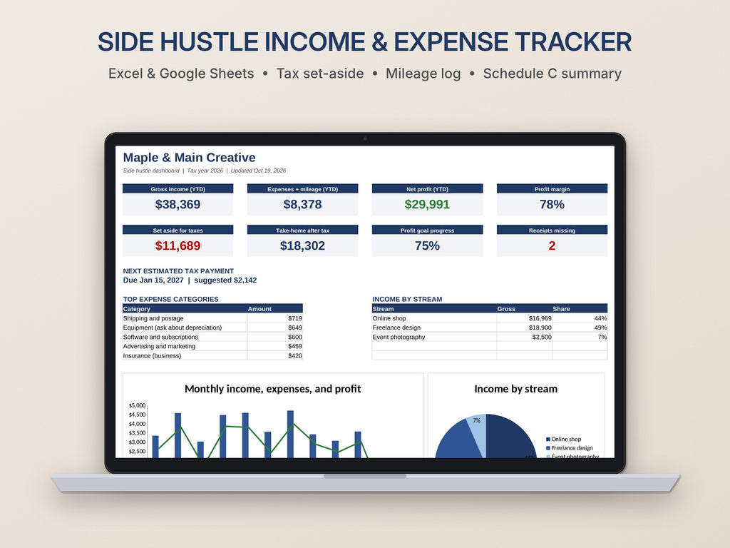 Side Hustle Bookkeeping Spreadsheet – Income, Expenses and Mileage for Excel and Google Sheets