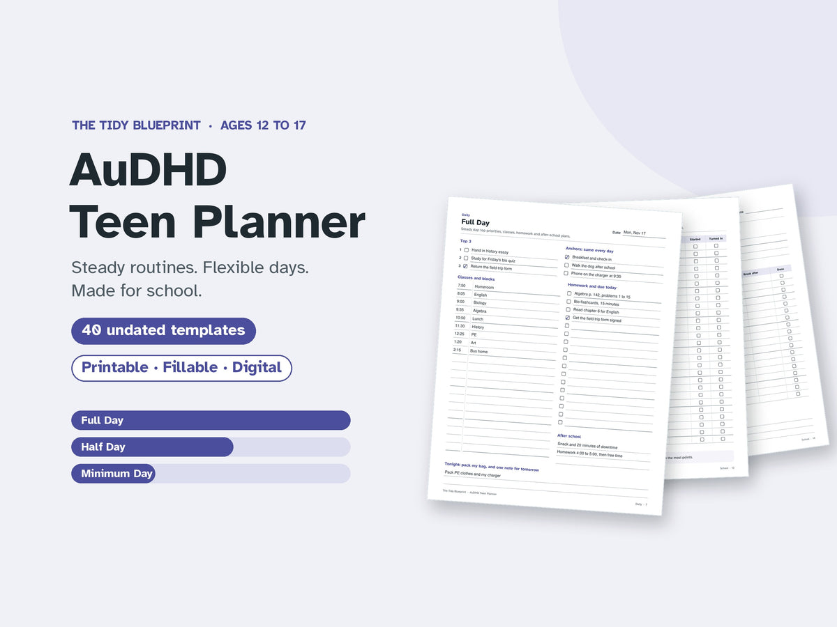 AuDHD School Planner for Teens – Undated ADHD and Autism Homework Tracker, Printable PDF