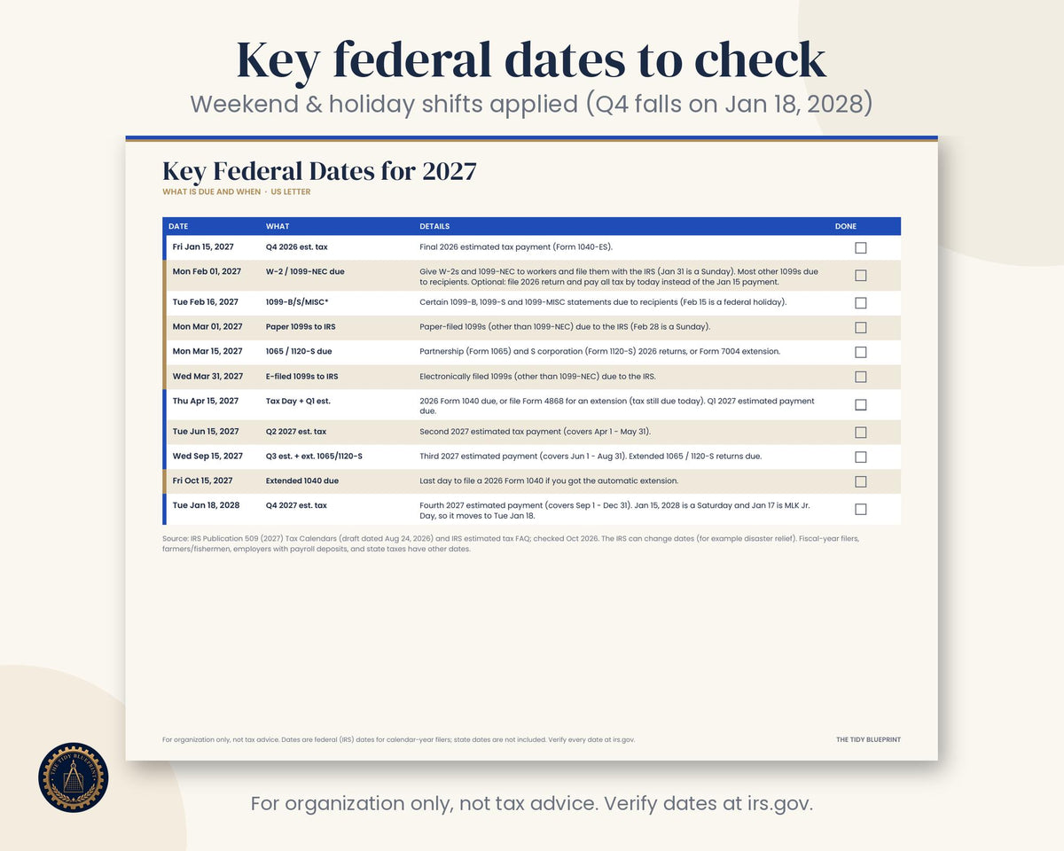 2027 U.S. Tax Calendar Printable with Estimated Payment Tracker and Set-Aside Spreadsheet