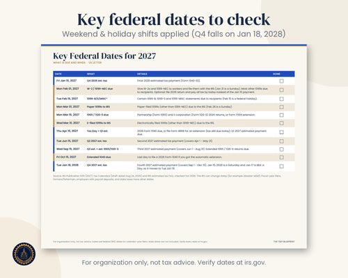 2027 U.S. Tax Calendar Printable with Estimated Payment Tracker and Set-Aside Spreadsheet