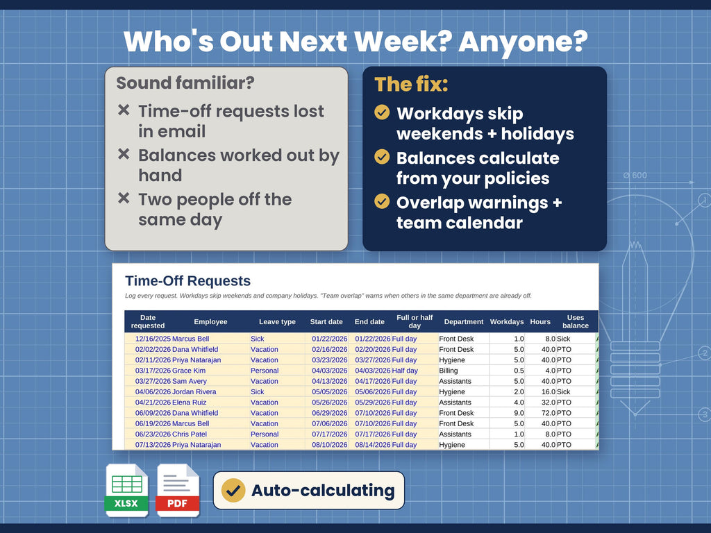 PTO Tracker for 30 Employees – Excel and Google Sheets Leave Calendar