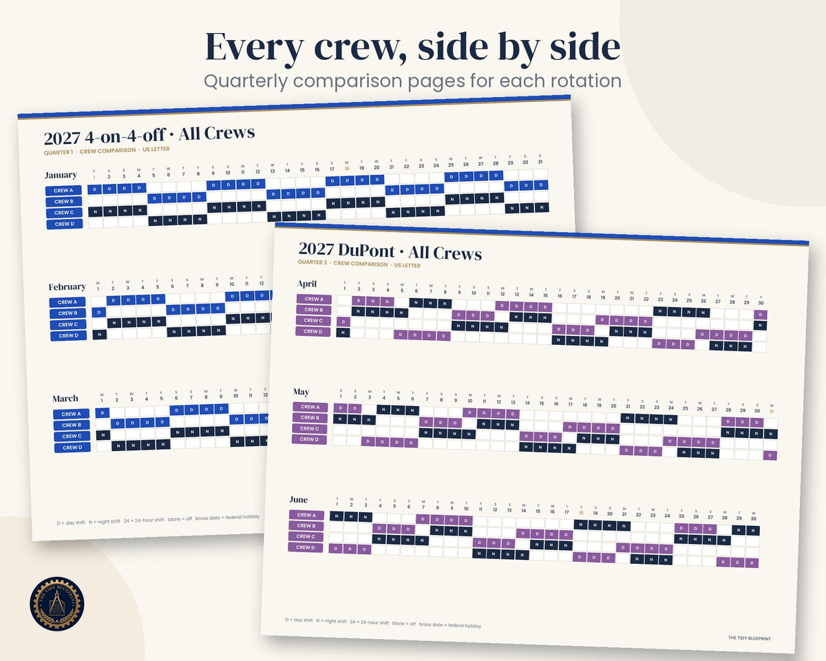2027 Shift Work Calendar-Printable Crew Schedules and Excel/Google Sheets Generator