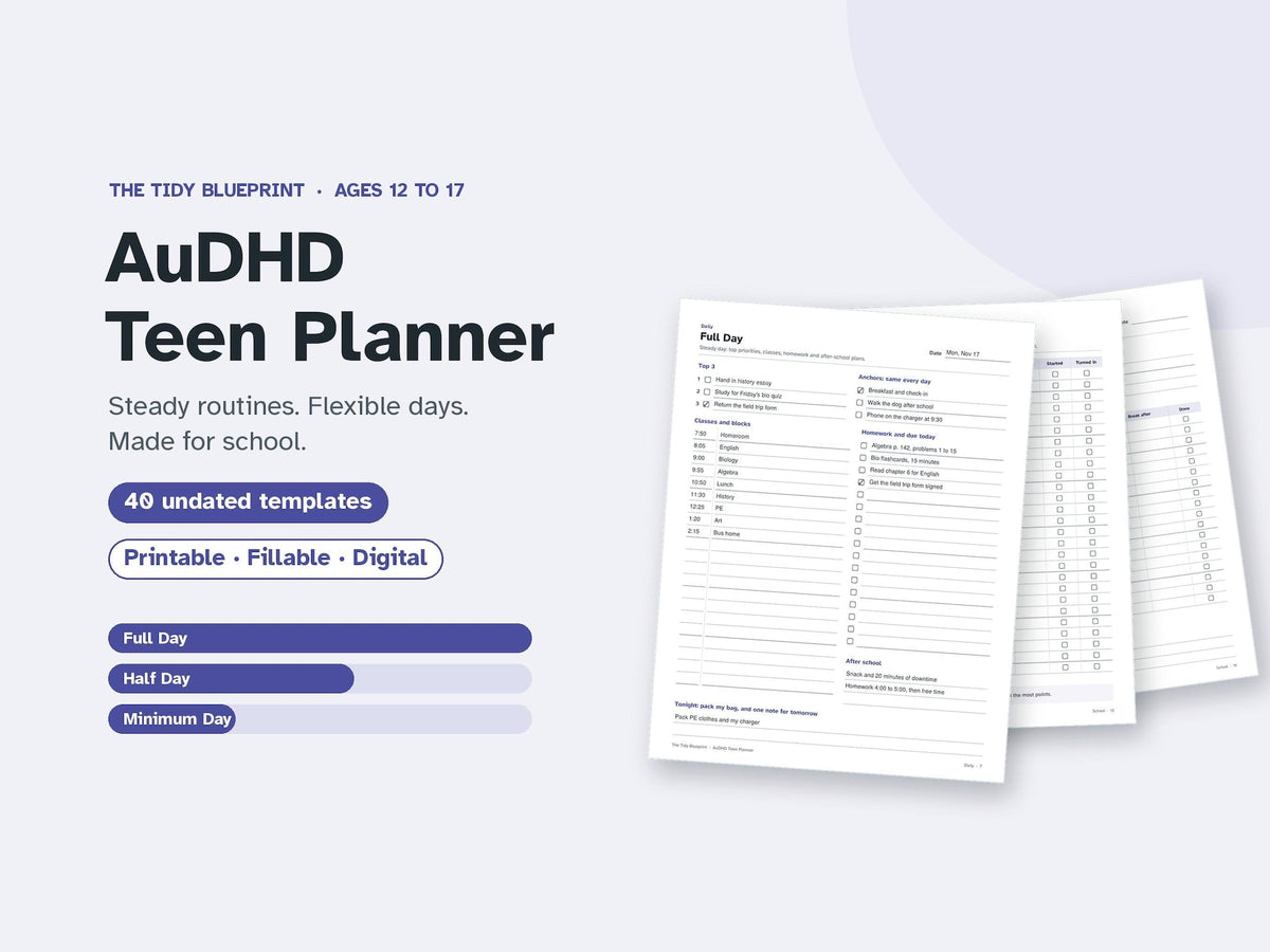 AuDHD School Planner for Teens – Undated ADHD and Autism Homework Tracker, Printable PDF