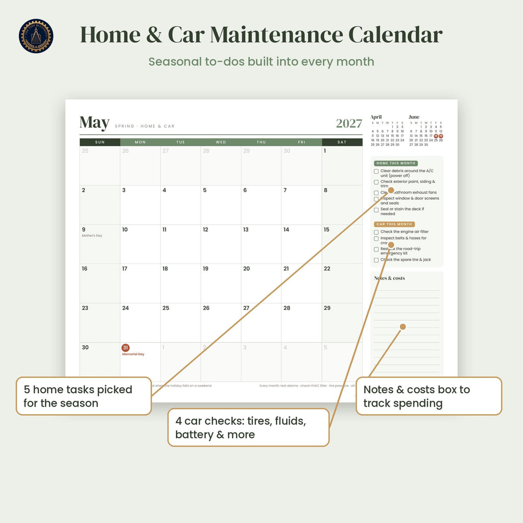2027 Printable Calendar with Home and Car Maintenance Pages – Letter and A4