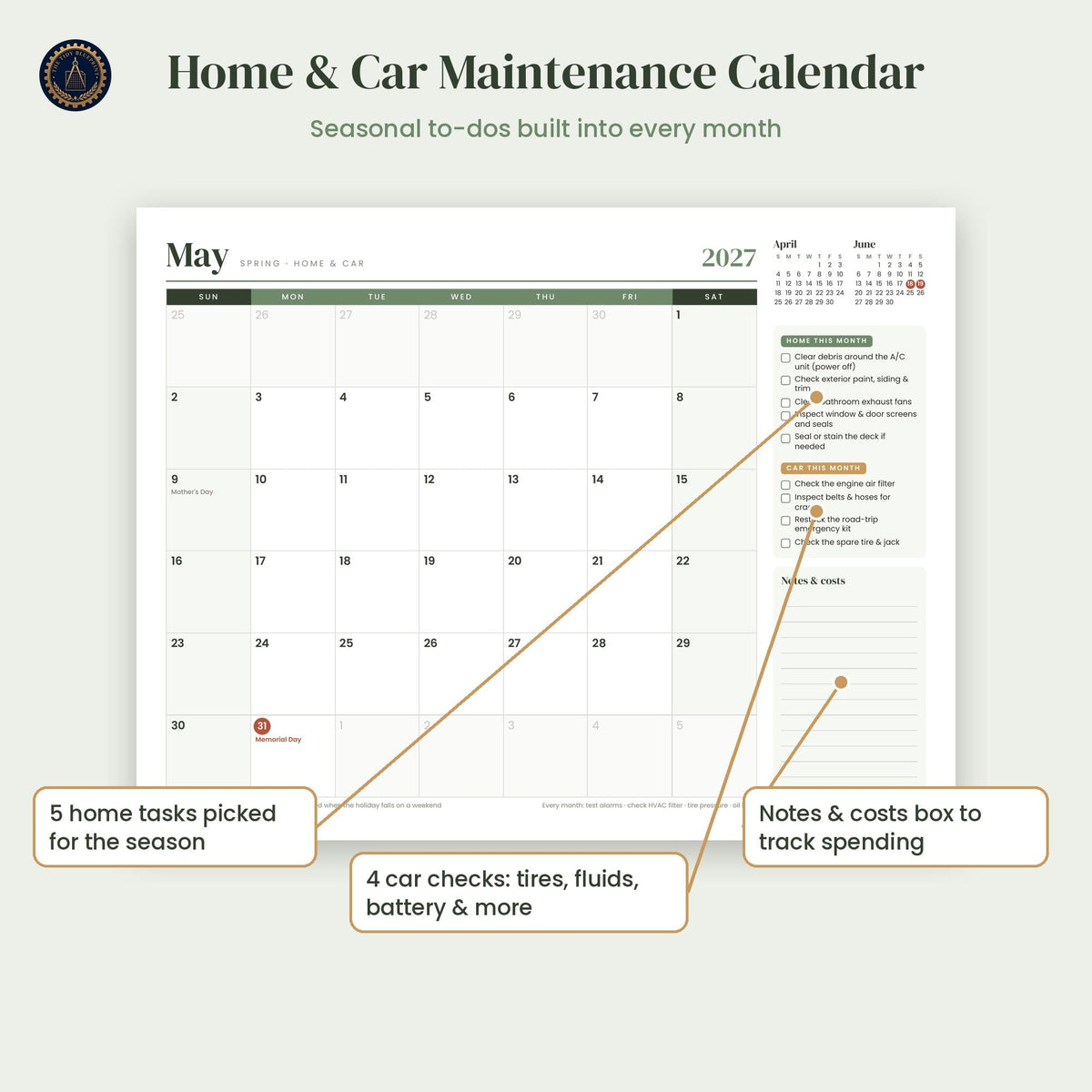 2027 Printable Calendar with Home and Car Maintenance Pages – Letter and A4