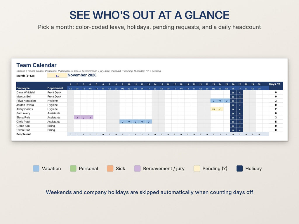 PTO Tracker for 30 Employees – Excel and Google Sheets Leave Calendar