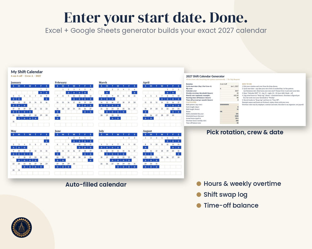 2027 Shift Work Calendar-Printable Crew Schedules and Excel/Google Sheets Generator