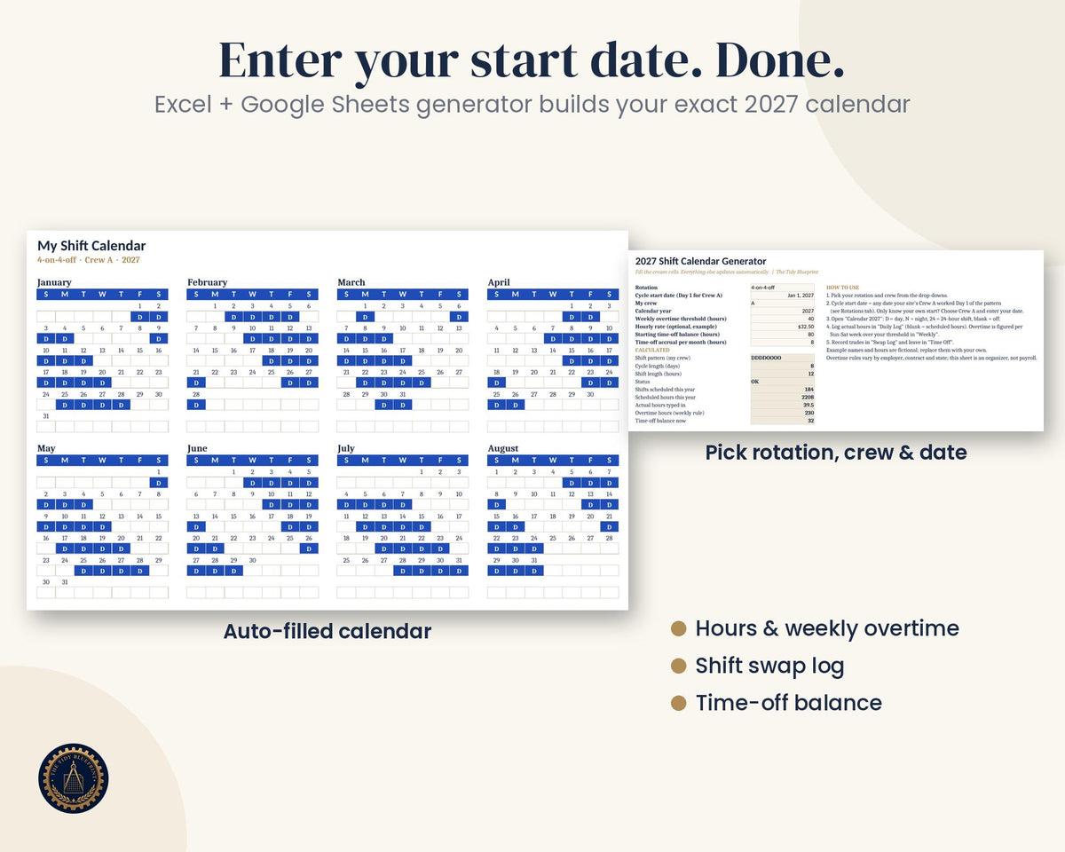 2027 Shift Work Calendar-Printable Crew Schedules and Excel/Google Sheets Generator