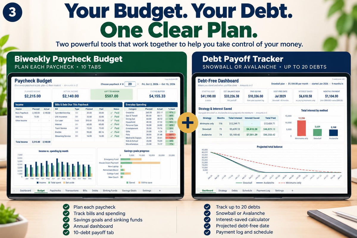 Budget and Debt Payoff Spreadsheet Bundle for Excel and Google Sheets