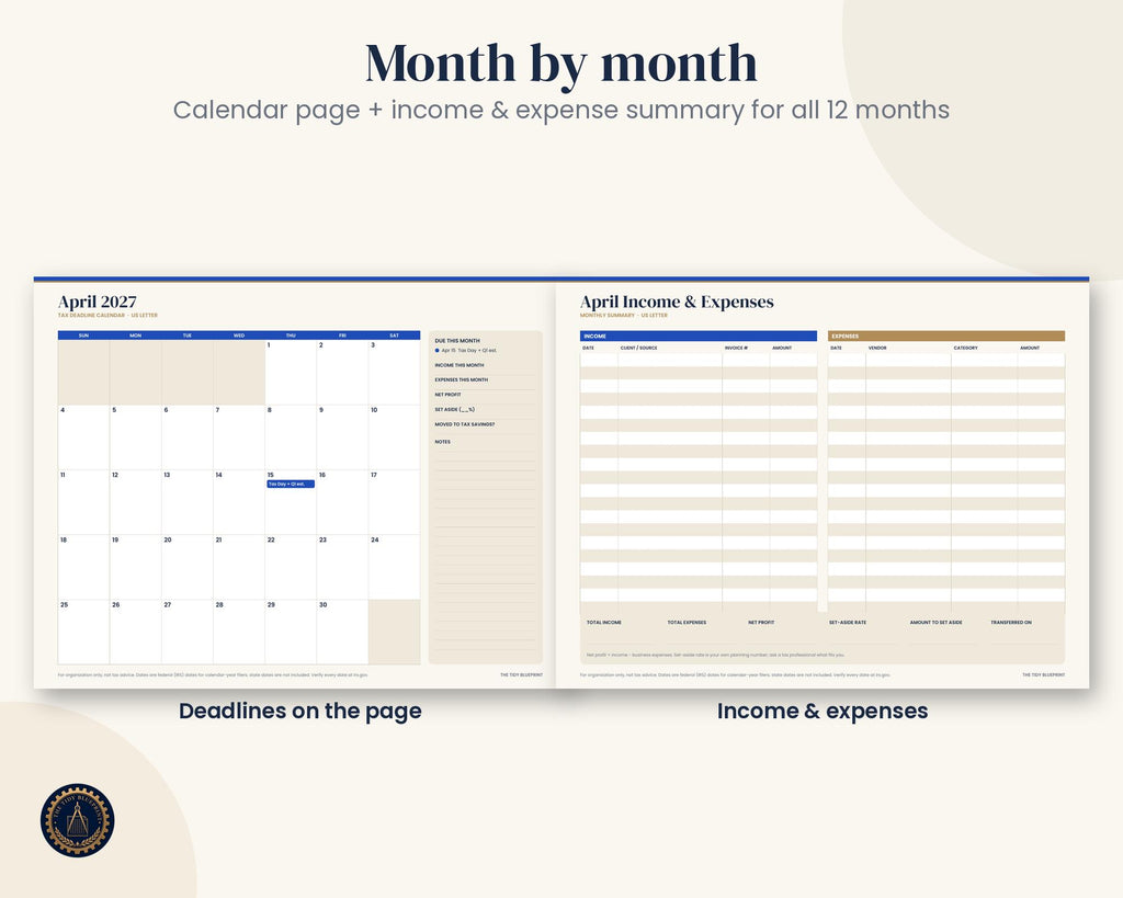 2027 U.S. Tax Calendar Printable with Estimated Payment Tracker and Set-Aside Spreadsheet