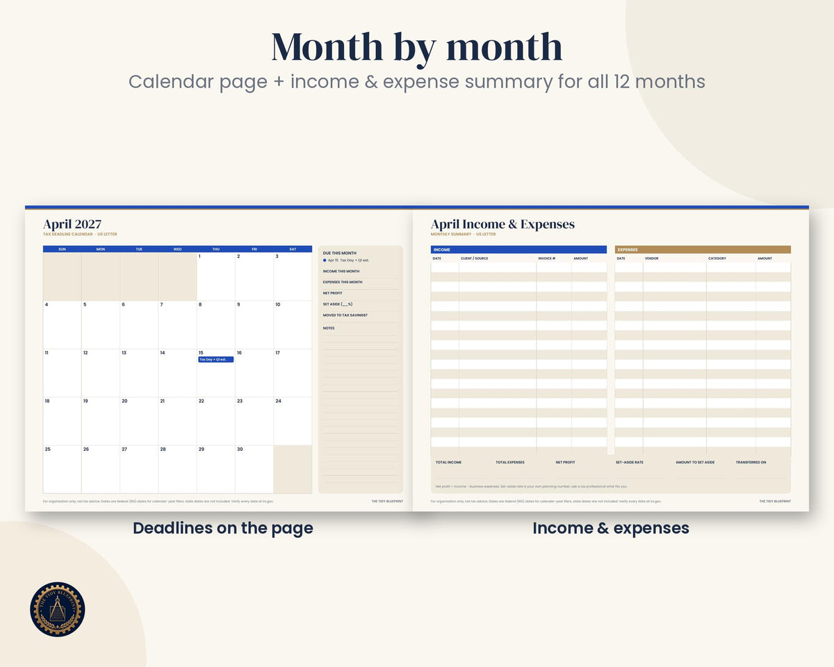 2027 U.S. Tax Calendar Printable with Estimated Payment Tracker and Set-Aside Spreadsheet