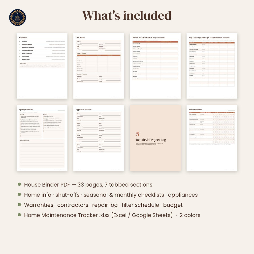 Home Maintenance Checklist and Binder-Printable PDF with Excel and Google Sheets Tracker