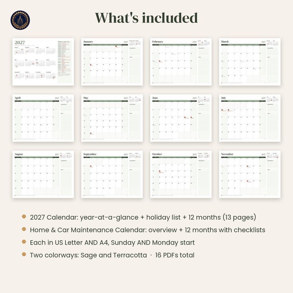 2027 Printable Calendar with Home and Car Maintenance Pages – Letter and A4