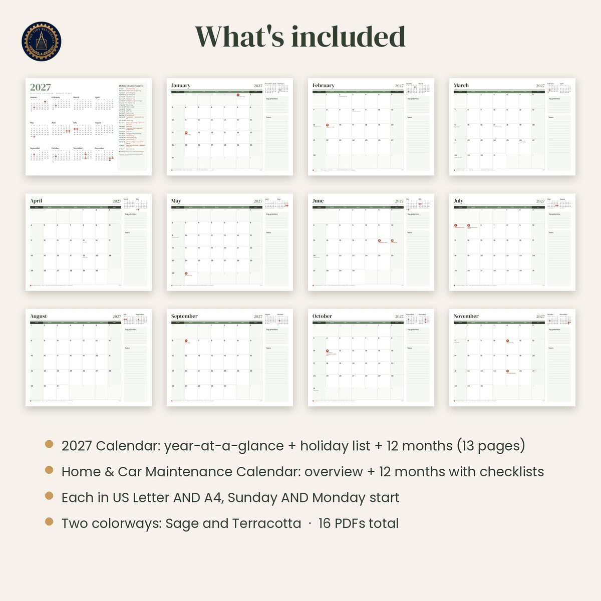 2027 Printable Calendar with Home and Car Maintenance Pages – Letter and A4