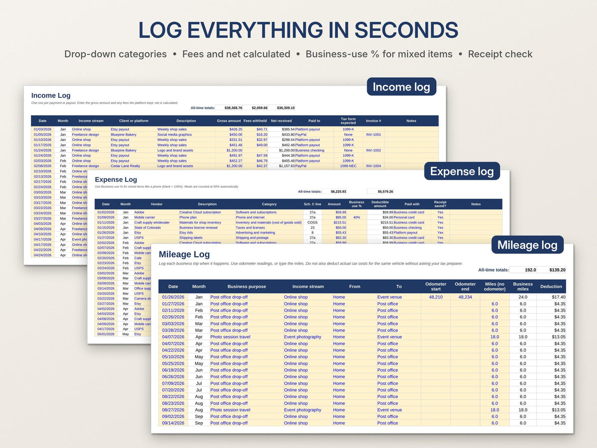 Side Hustle Bookkeeping Spreadsheet – Income, Expenses and Mileage for Excel and Google Sheets