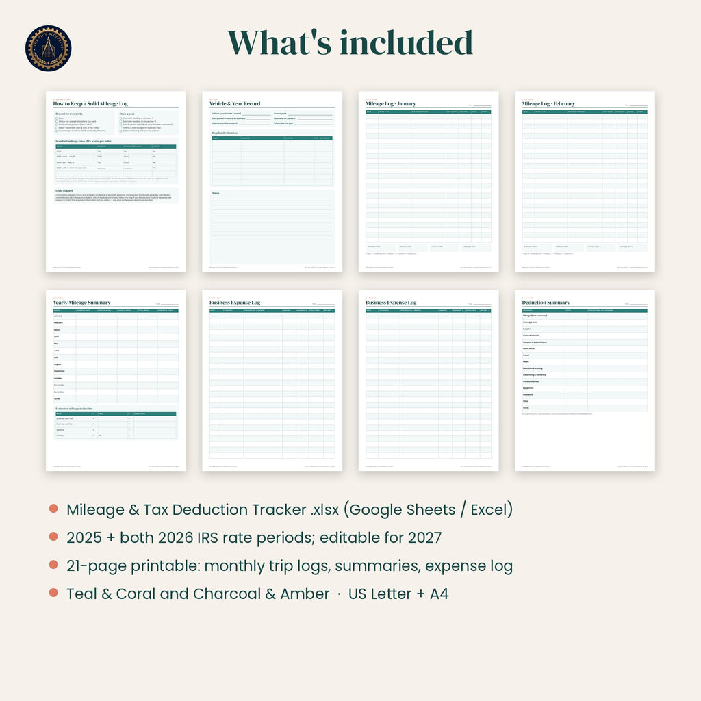 2026 Mileage Tracker Spreadsheet for Excel and Google Sheets with Printable Logs