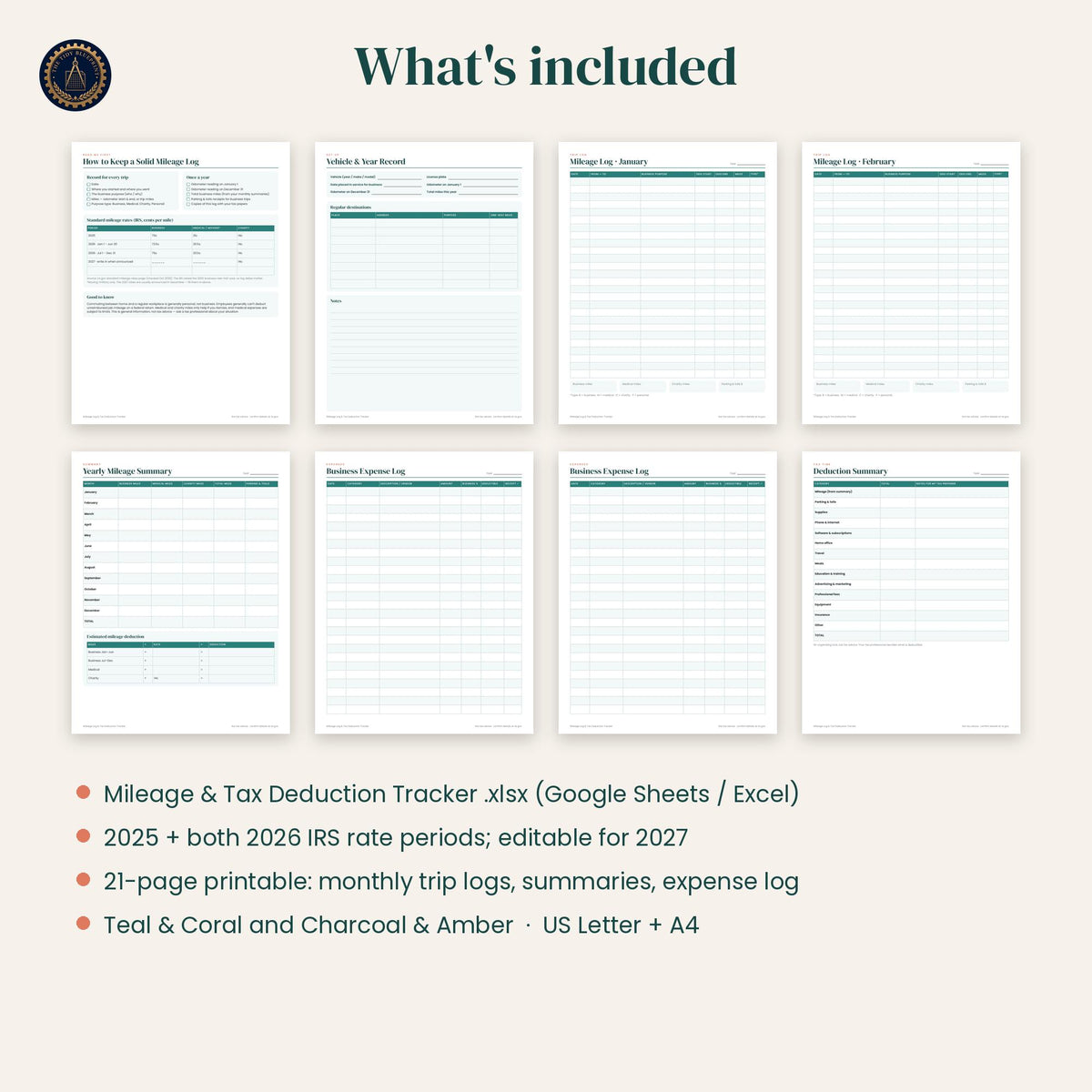 2026 Mileage Tracker Spreadsheet for Excel and Google Sheets with Printable Logs