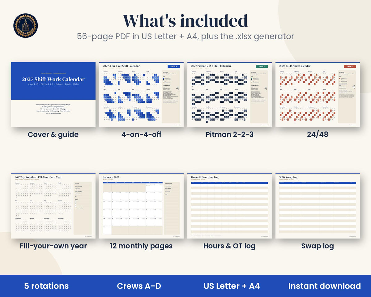2027 Shift Work Calendar-Printable Crew Schedules and Excel/Google Sheets Generator