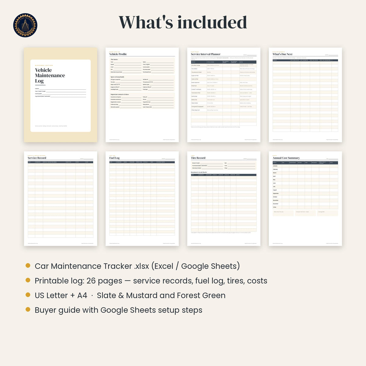 Car Maintenance Log for 4 Vehicles – Excel, Google Sheets and Printable PDF