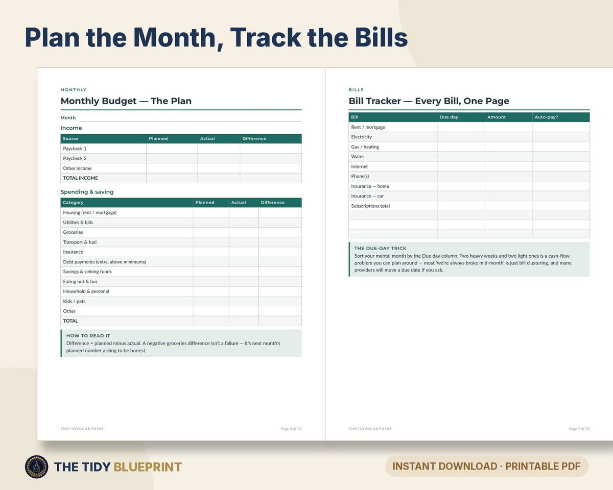 Budget Planner Printable with Spreadsheet – Monthly Budget, Bills and Debt Snowball