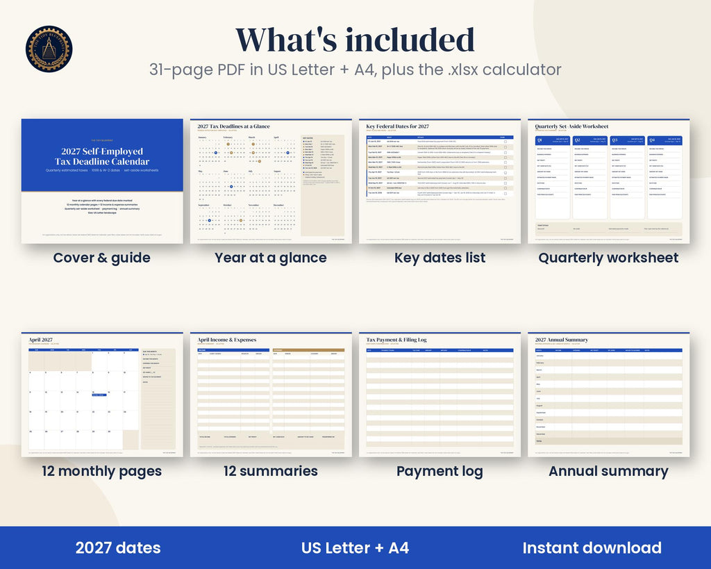 2027 U.S. Tax Calendar Printable with Estimated Payment Tracker and Set-Aside Spreadsheet