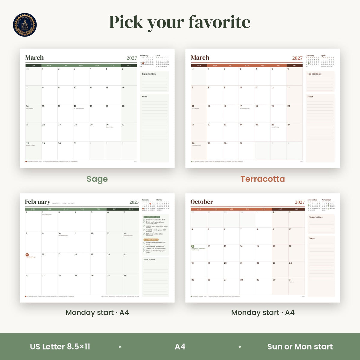 2027 Printable Calendar with Home and Car Maintenance Pages – Letter and A4