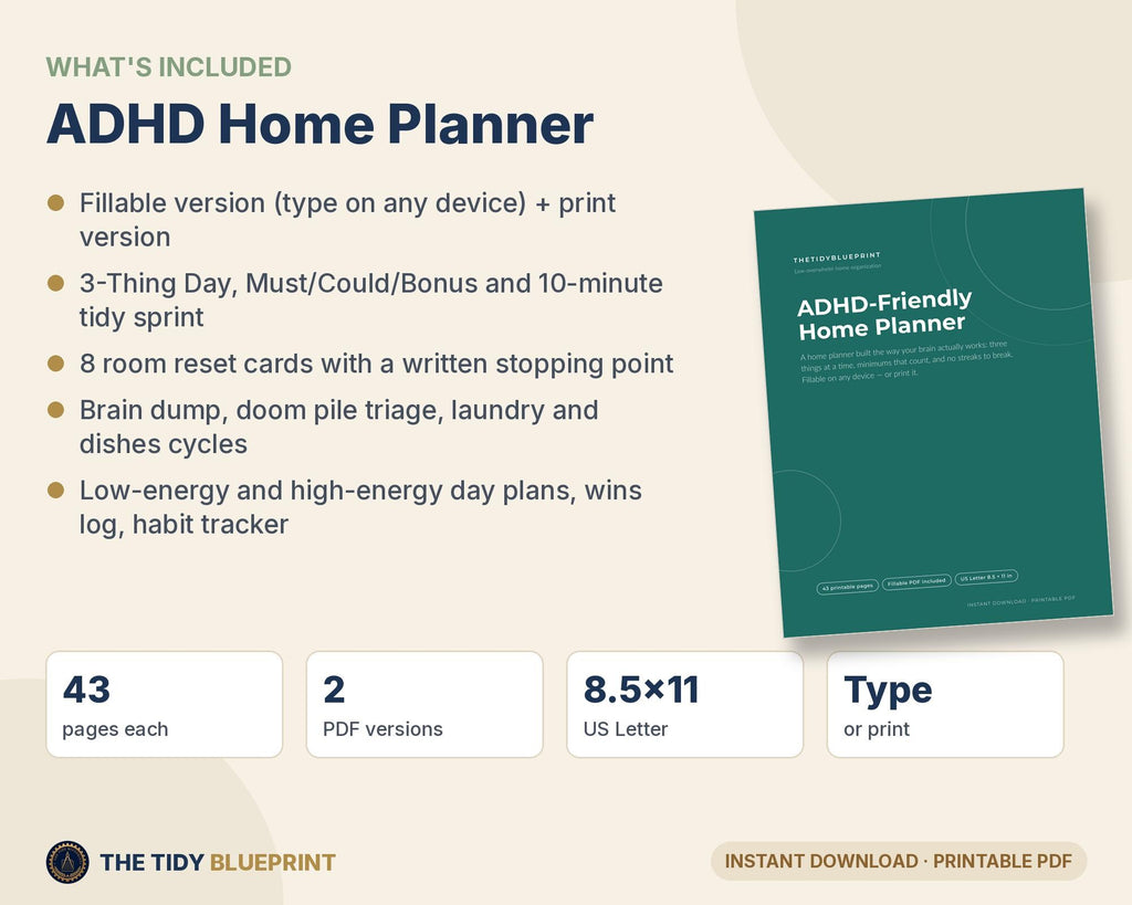 ADHD Cleaning Planner for Adults – Room Reset Checklists, Low Energy Chore System, PDF