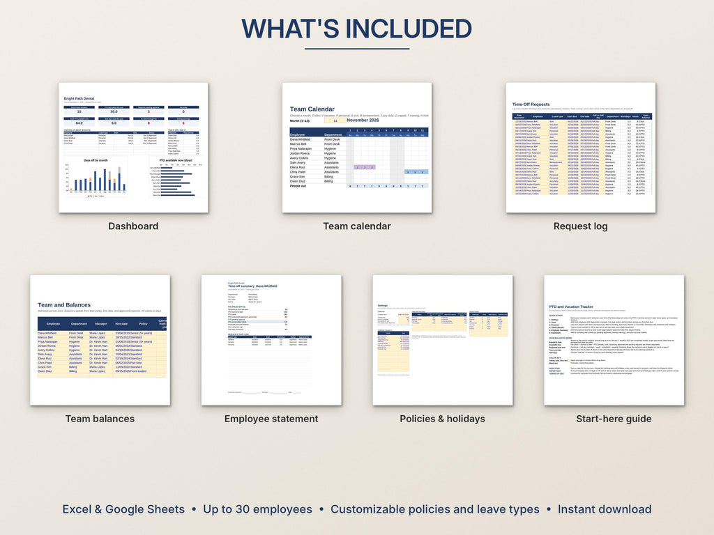 PTO Tracker for 30 Employees – Excel and Google Sheets Leave Calendar
