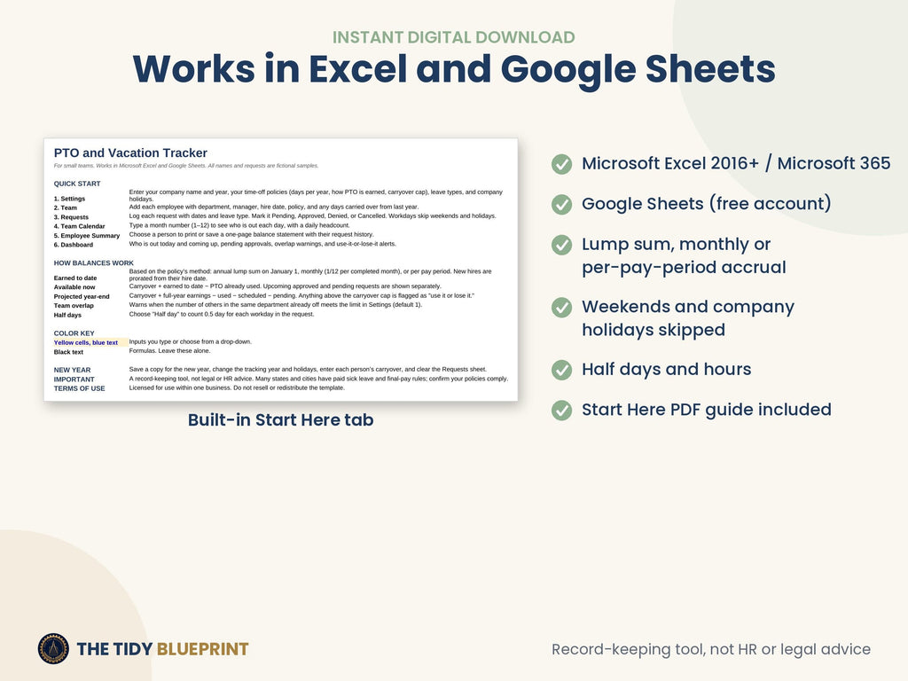 PTO Tracker for 30 Employees – Excel and Google Sheets Leave Calendar