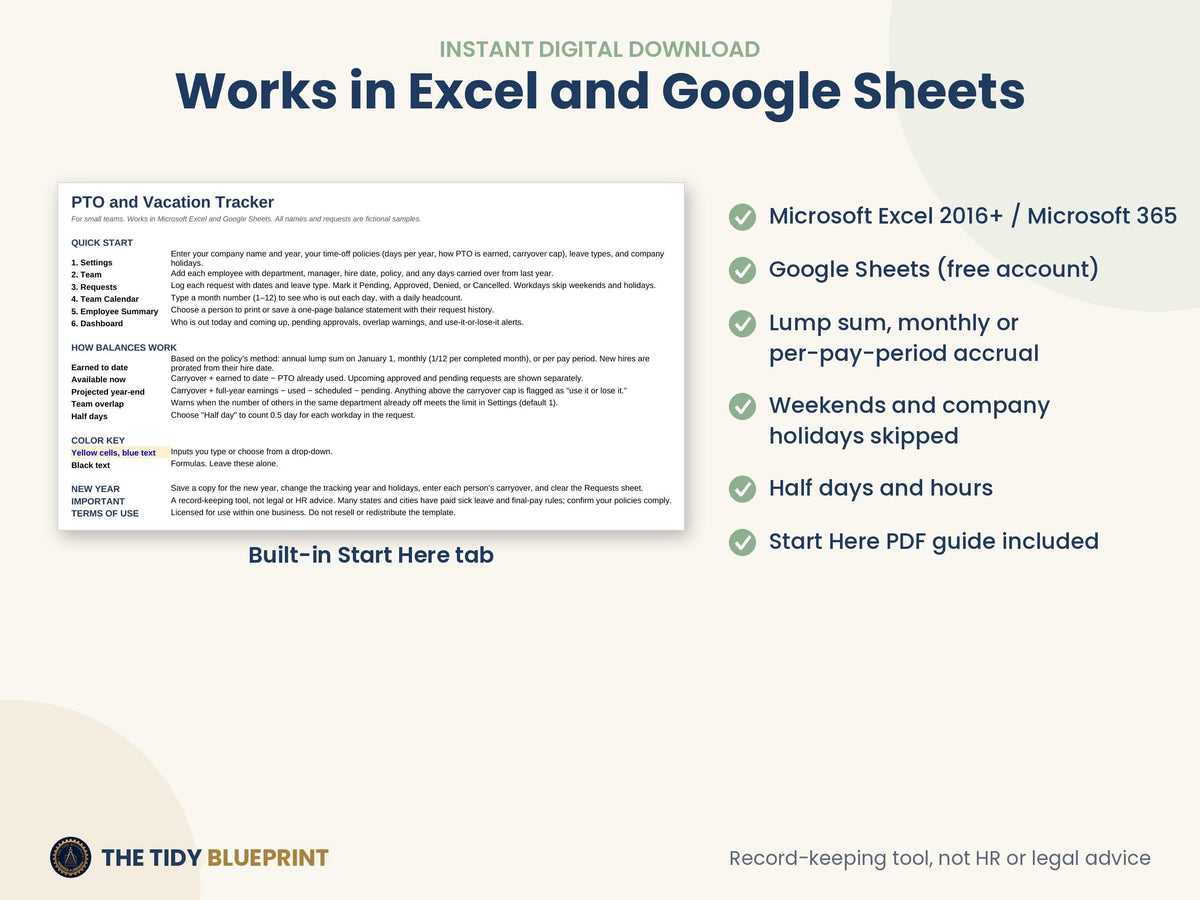 PTO Tracker for 30 Employees – Excel and Google Sheets Leave Calendar
