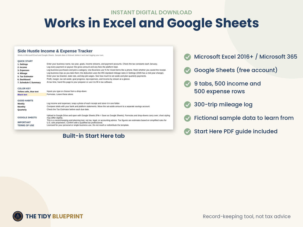 Side Hustle Bookkeeping Spreadsheet – Income, Expenses and Mileage for Excel and Google Sheets