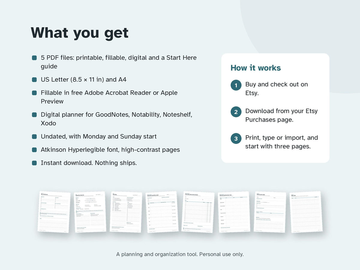 AuDHD Planner for Adults – Undated ADHD and Autism Printable, Fillable, Digital PDF