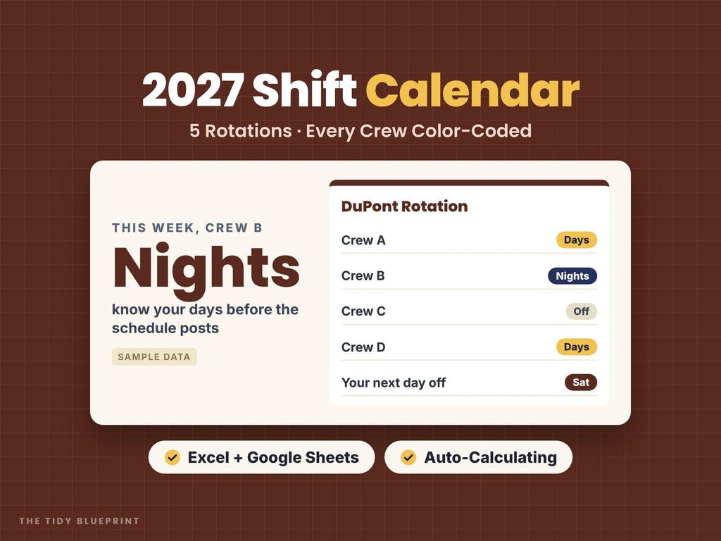 2027 Shift Work Calendar-Printable Crew Schedules and Excel/Google Sheets Generator