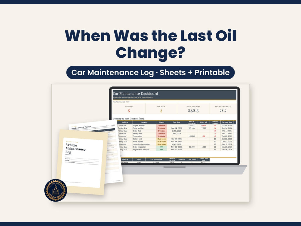 Car Maintenance Log for 4 Vehicles – Excel, Google Sheets and Printable PDF