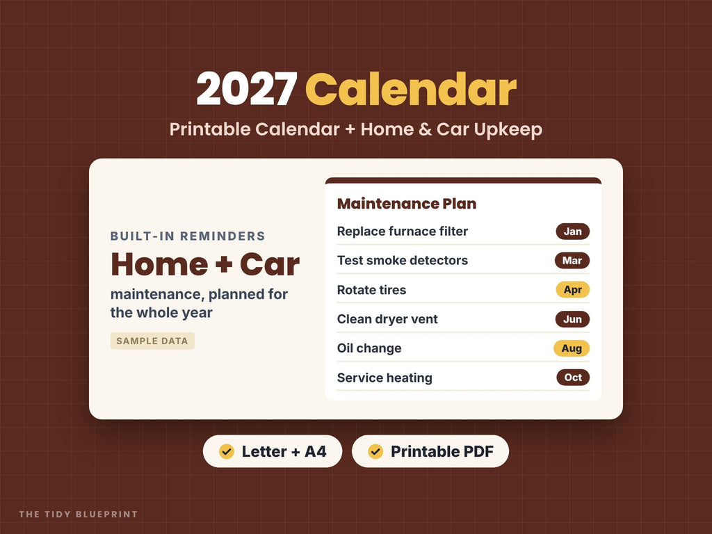 2027 Printable Calendar with Home and Car Maintenance Pages – Letter and A4