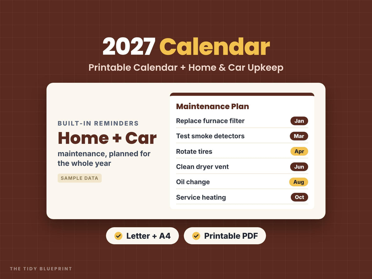 2027 Printable Calendar with Home and Car Maintenance Pages – Letter and A4