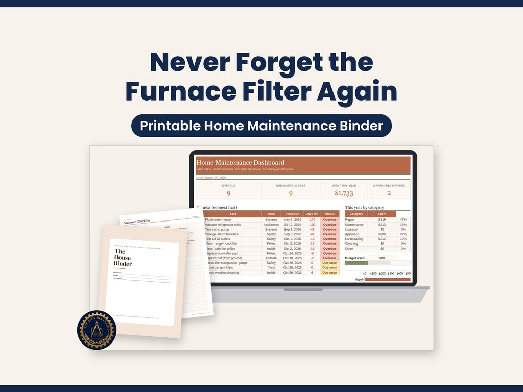 Home Maintenance Checklist and Binder-Printable PDF with Excel and Google Sheets Tracker