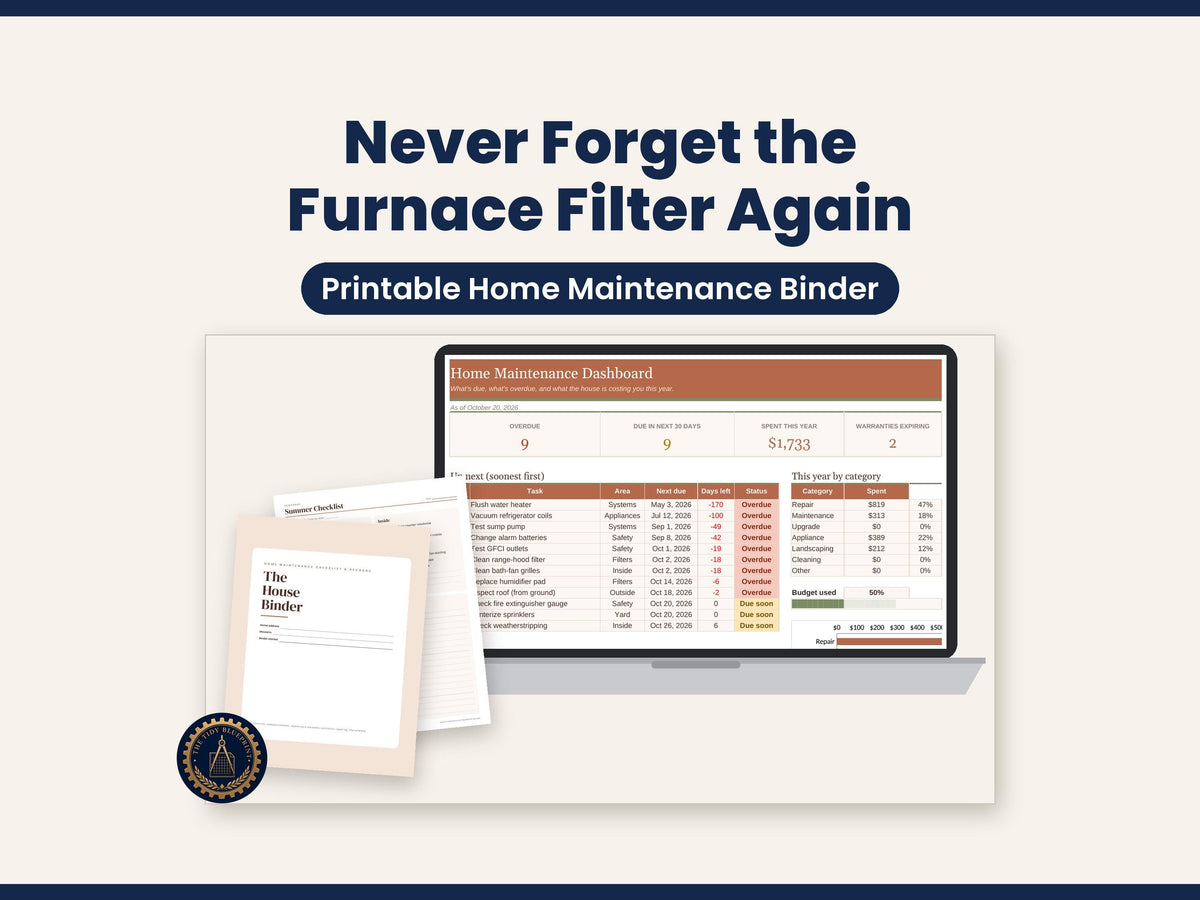 Home Maintenance Checklist and Binder-Printable PDF with Excel and Google Sheets Tracker