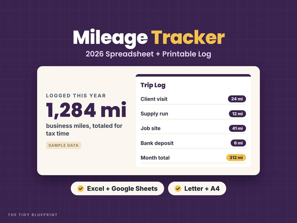 2026 Mileage Tracker Spreadsheet for Excel and Google Sheets with Printable Logs