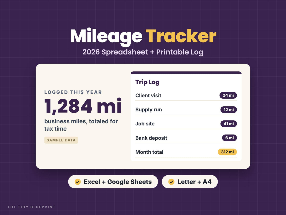 2026 Mileage Tracker Spreadsheet for Excel and Google Sheets with Printable Logs